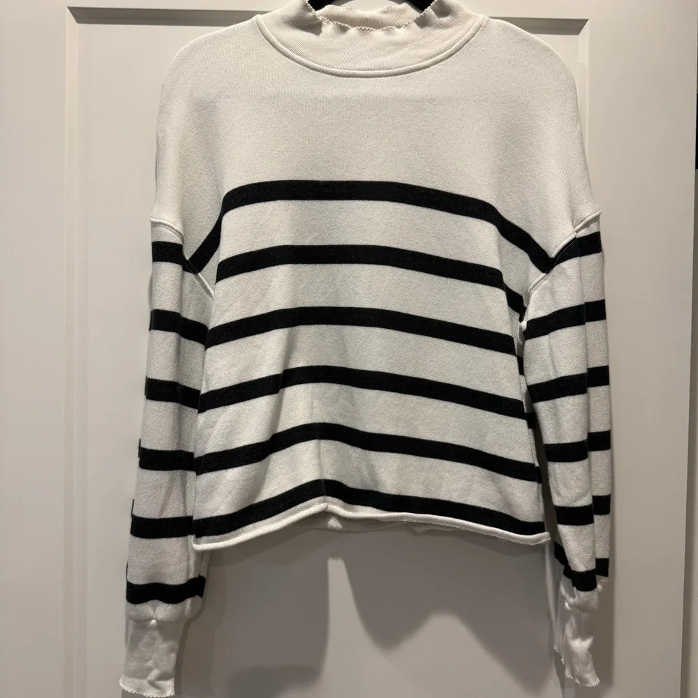 Classic Coastal J.Crew Striped Sweater M Black White Mock Neck Cotton Pullover